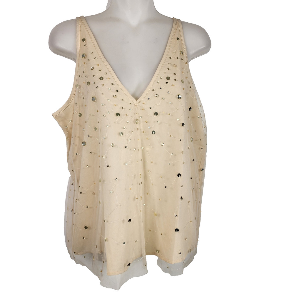 LOFT Women’s Embellished Double V Neck Tank Top Small Ecru Cloud Beige Relaxed